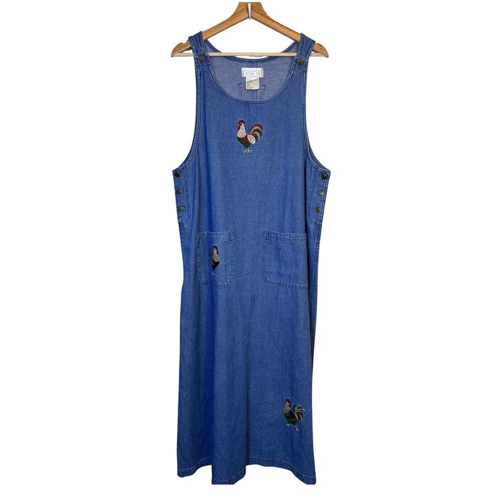 Mandal Bay Embroidered Rooster Denim Jumper Dress XL Farmhouse Western Americana
